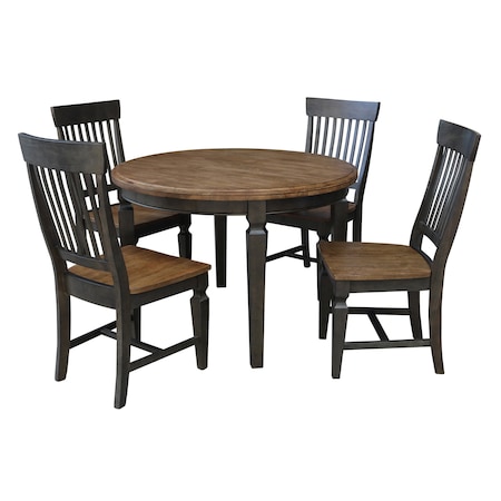 International Concepts Round 44 in Round Top Dining Table with 4 Slatback Chairs, Hickory/Washed Coal, 44 in W, 44 in L K45-144R-C65-4